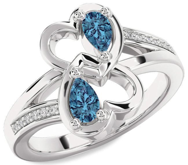 Blue Diamond Platinum Heart Two Stone Ring