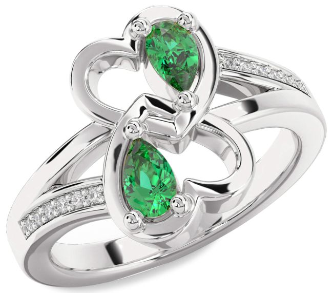 Diamond Emerald Silver Heart Two Stone Birthstone Ring