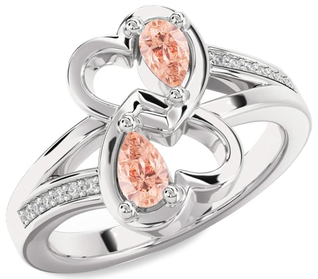 Diamond Morganite Silver Heart Two Stone Ring