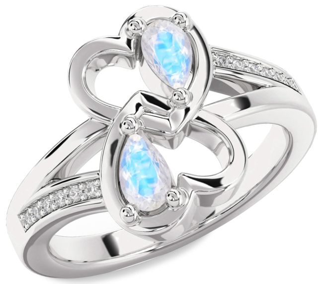 Diamond Moonstone Silver Heart Two Stone Ring