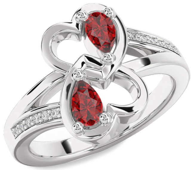 Diamond Ruby Silver Heart Two Stone Birthstone Ring