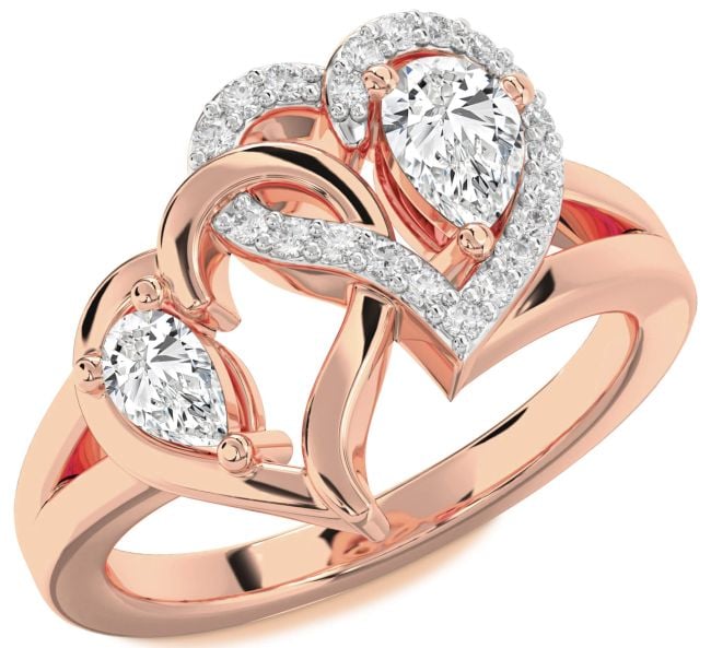 Diamond Rose Gold Silver Heart Two Stone Ring