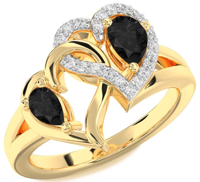 Black Diamond Gold Heart Two Stone Ring