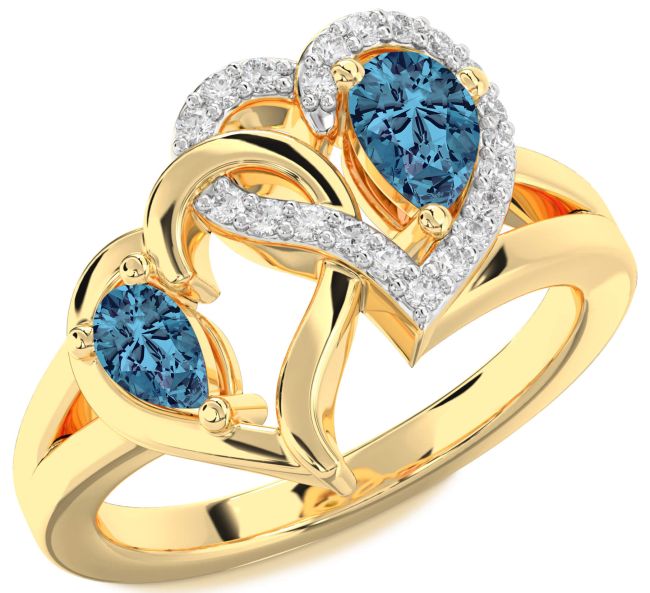 Blue Diamond Gold Silver Heart Two Stone Ring