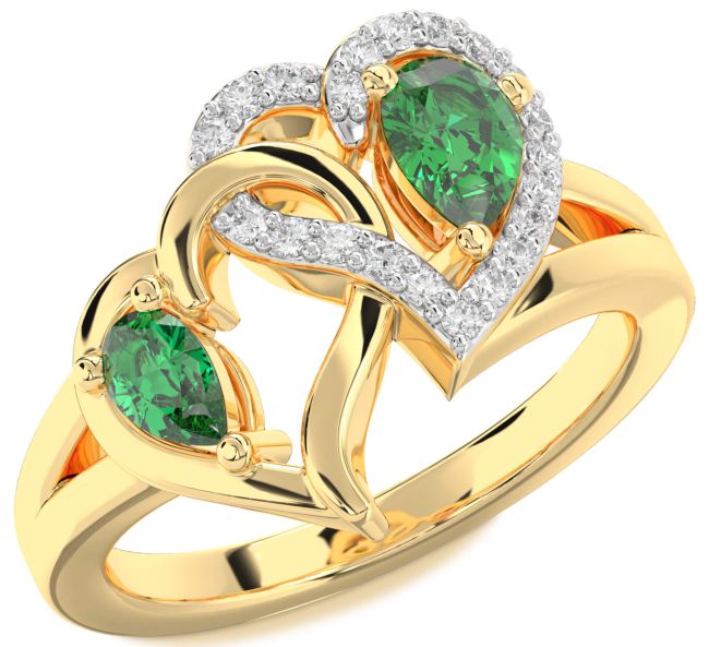 Diamond Emerald Gold Heart Two Stone Birthstone Ring