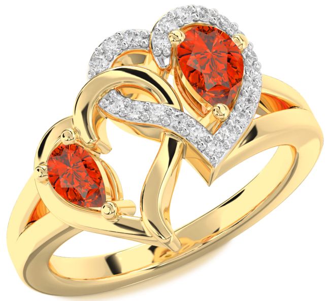 Diamond Fire Opal Gold Heart Two Stone Ring