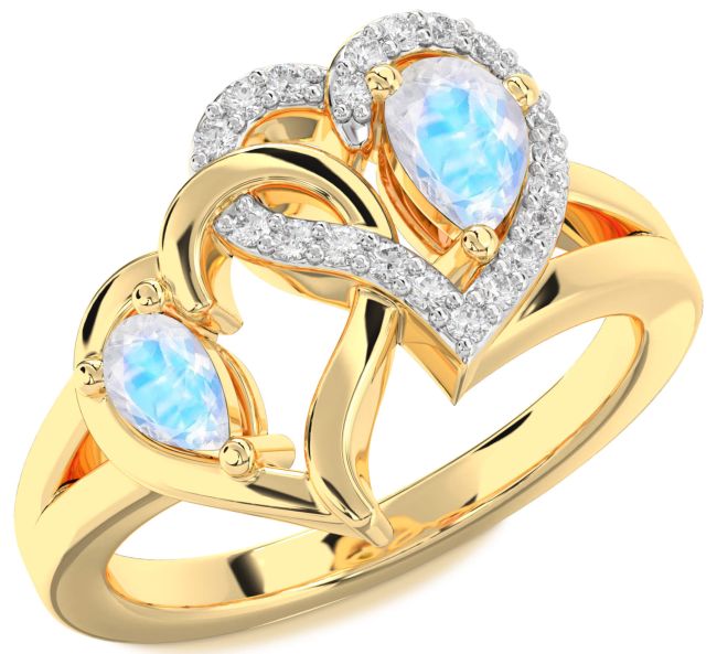 Diamond Moonstone Gold Heart Two Stone Ring