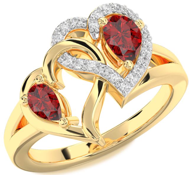 Diamond Ruby Gold Heart Two Stone Birthstone Ring