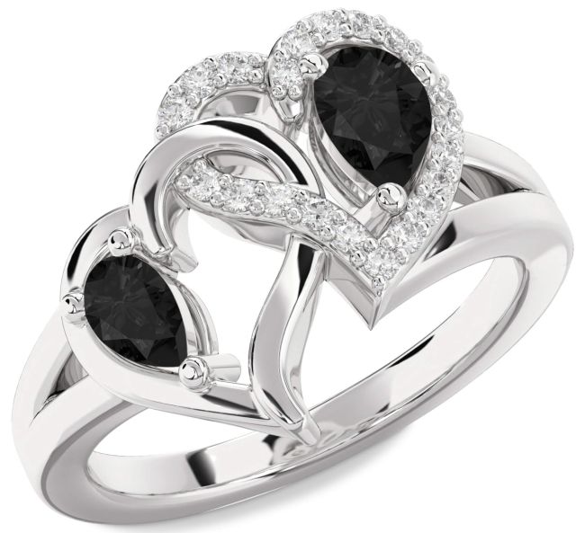 Black Diamond Platinum Heart Two Stone Ring