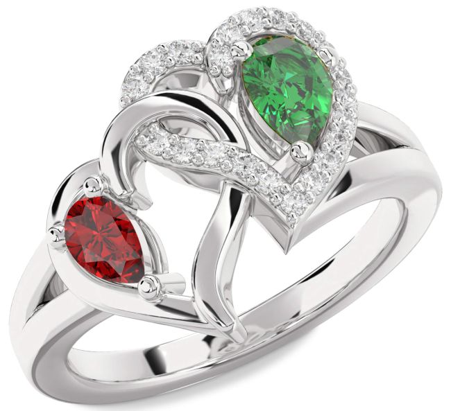 Diamond Silver Heart Two Stone Promise Ring