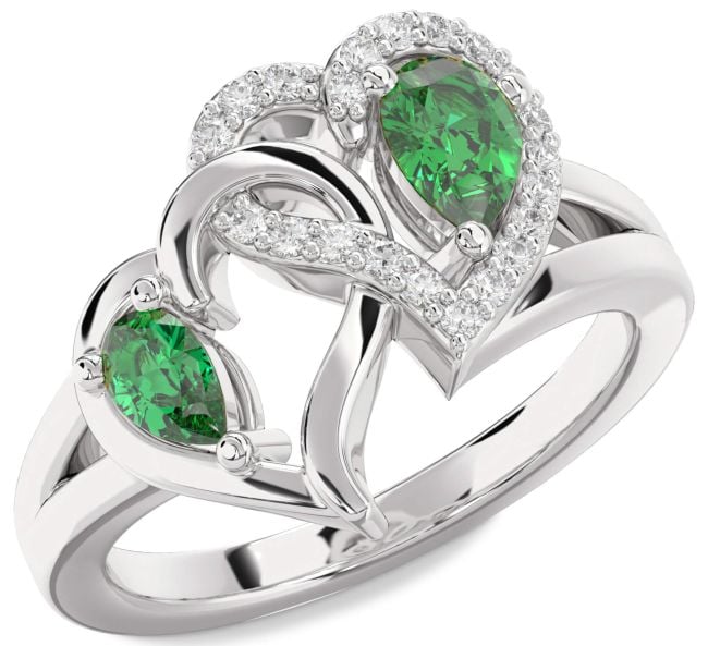Diamond Emerald Silver Heart Two Stone Birthstone Ring