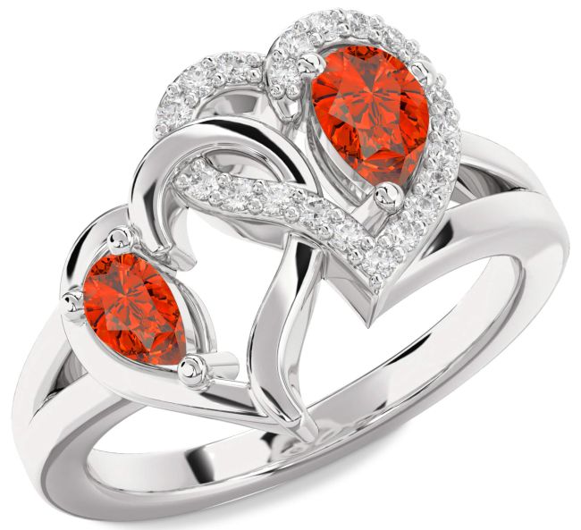 Diamond Fire Opal Silver Heart Two Stone Ring
