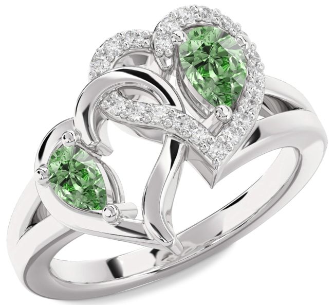 Green Diamond Platinum Heart Two Stone Ring