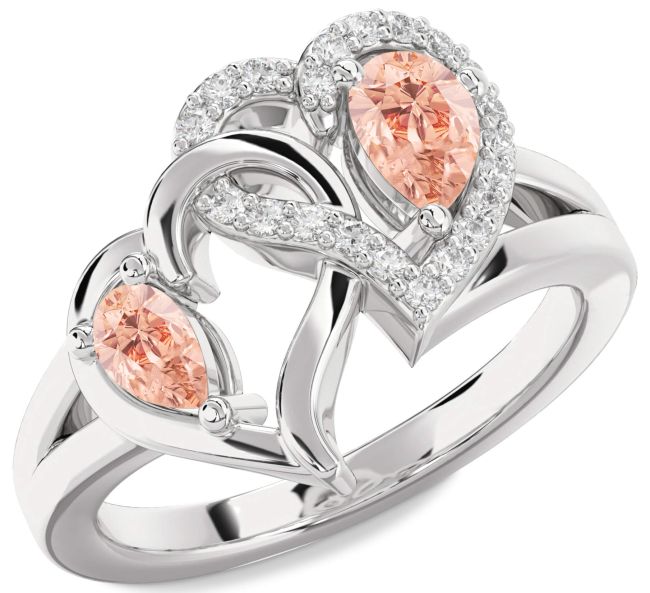 Diamond Morganite Silver Heart Two Stone Ring