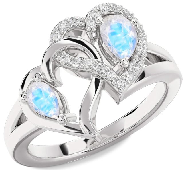 Diamond Moonstone Silver Heart Two Stone Ring