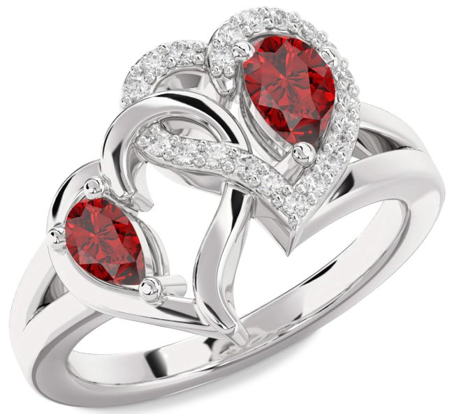 Diamond Ruby Silver Heart Two Stone Birthstone Ring