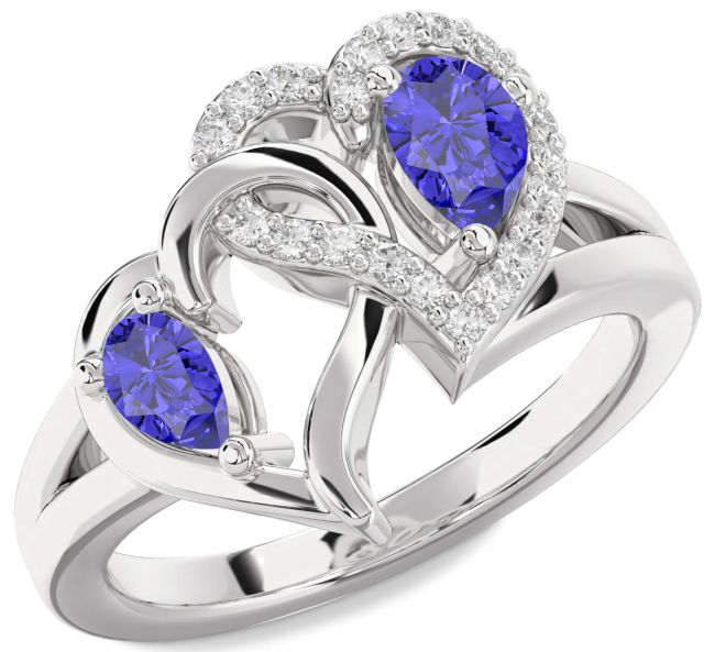 Diamond Tanzanite Silver Heart Two Stone Ring