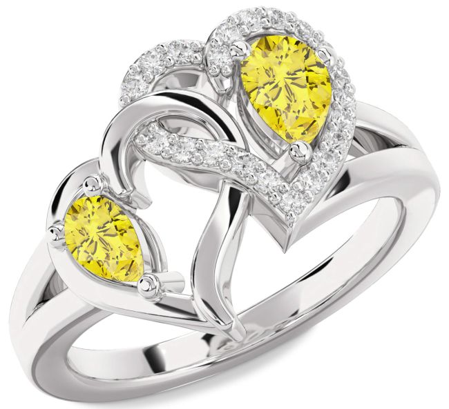 Yellow Diamond Silver Heart Two Stone Ring