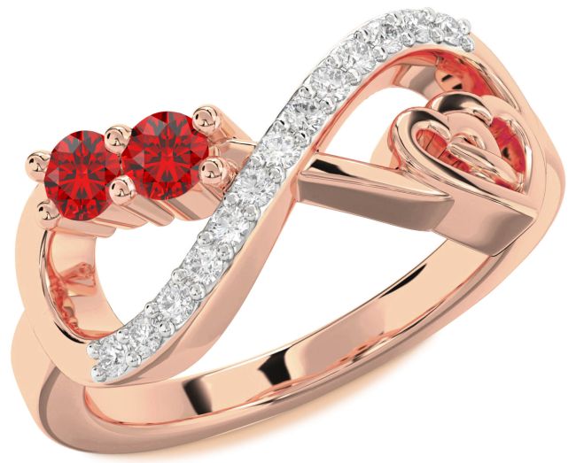 Diamond Ruby Rose Gold Infinity Heart Two Stone Birthstone Ring