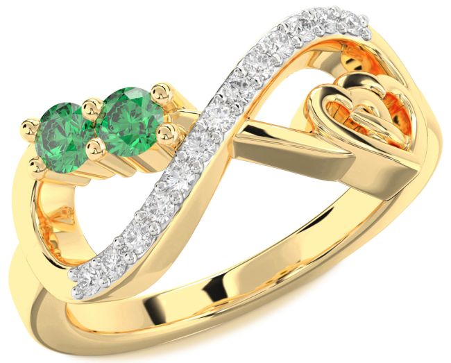 Diamond Emerald Gold Infinity Heart Two Stone Birthstone Ring