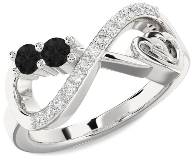 Black Diamond Silver Infinity Heart Two Stone Ring
