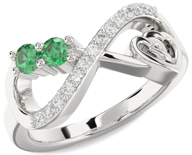 Diamond Emerald Silver Infinity Heart Two Stone Birthstone Ring