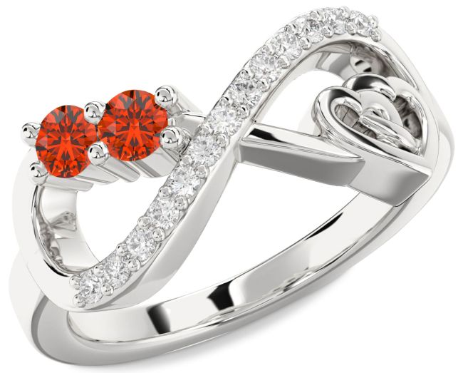Diamond Fire Opal Silver Infinity Heart Two Stone Ring