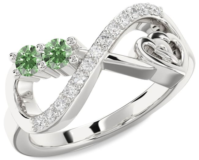 Green Diamond Platinum Infinity Heart Two Stone Ring