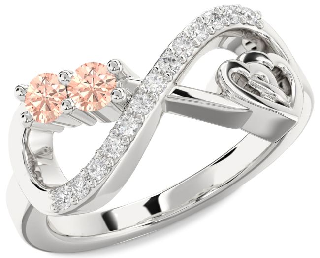 Diamond Morganite Silver Infinity Heart Two Stone Ring