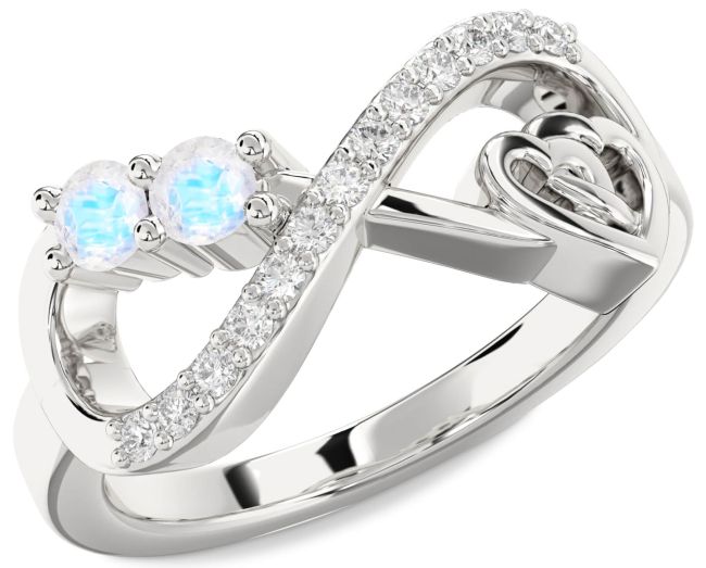 Diamond Moonstone Silver Infinity Heart Two Stone Ring