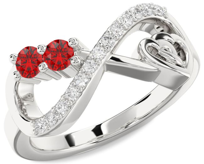 Diamond Ruby Silver Infinity Heart Two Stone Birthstone Ring