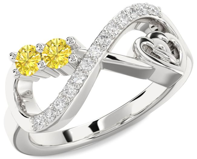 Yellow Diamond Silver Infinity Heart Two Stone Ring
