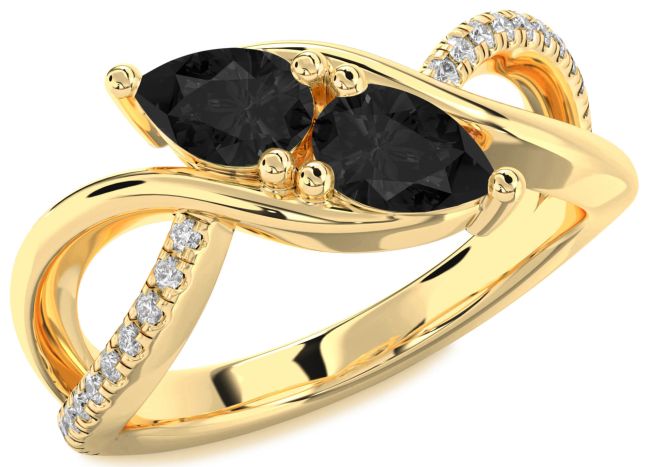 Black Diamond Gold Silver Pear Two Stone Ring