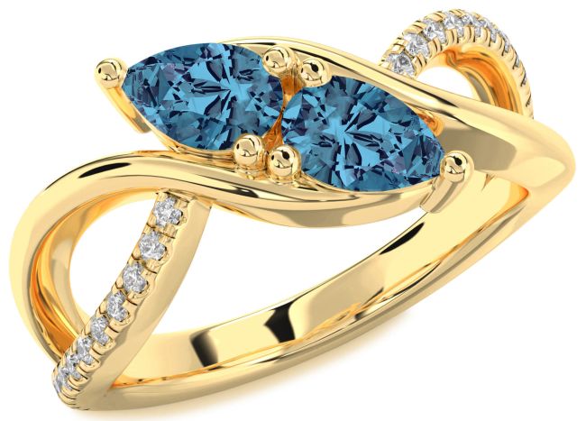 Blue Diamond Gold Silver Pear Two Stone Ring