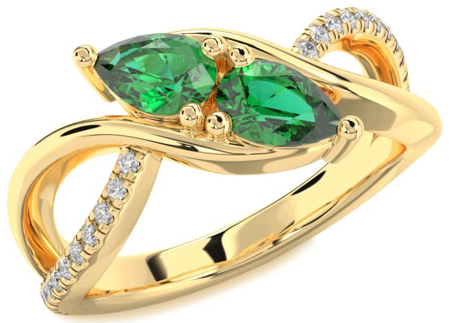 Diamond Emerald Gold Pear Two Stone Birthstone Ring