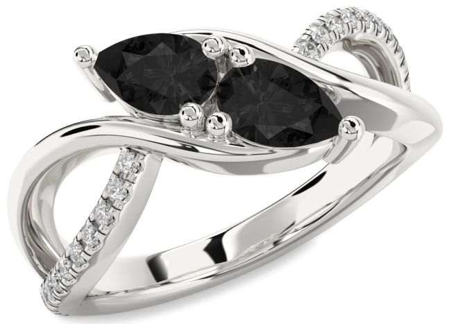Black Diamond Silver Pear Two Stone Ring