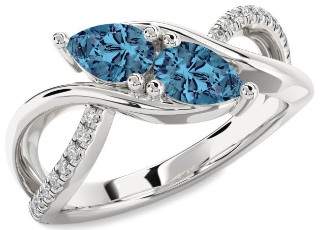 Blue Diamond Silver Pear Two Stone Ring