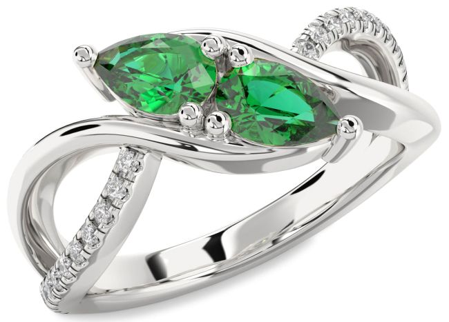 Diamond Emerald Silver Pear Two Stone Birthstone Ring