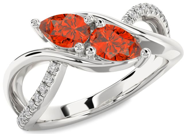 Diamond Fire Opal Silver Pear Two Stone Ring