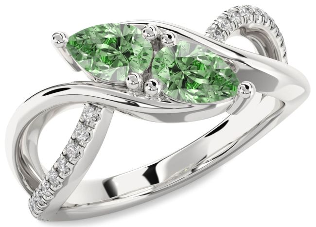 Green Diamond Silver Pear Two Stone Ring