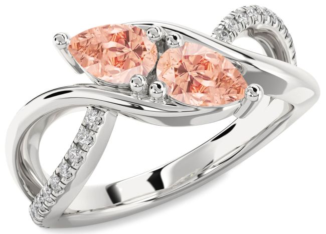 Diamond Morganite Silver Pear Two Stone Ring