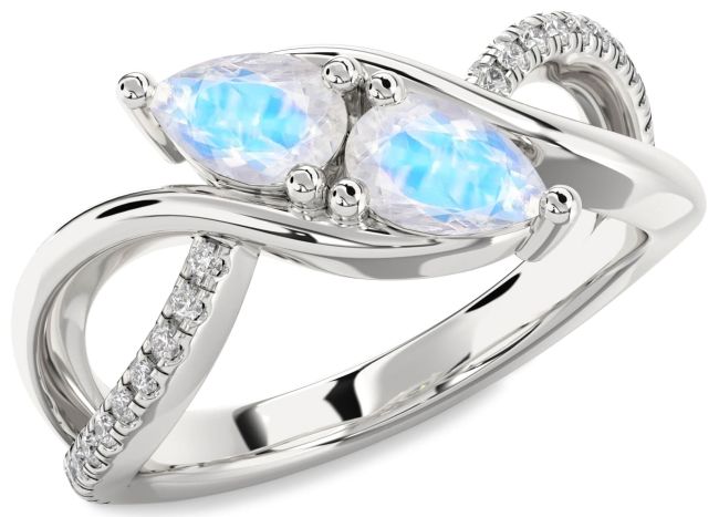 Diamond Moonstone Silver Pear Two Stone Ring
