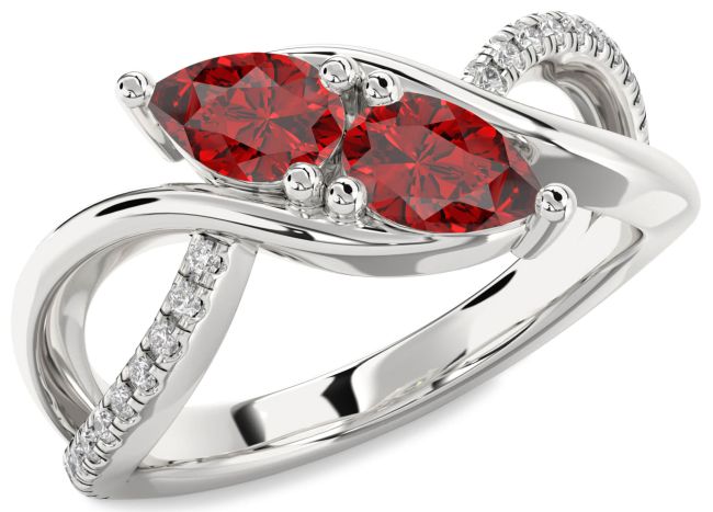 Diamond Ruby Silver Pear Two Stone Birthstone Ring