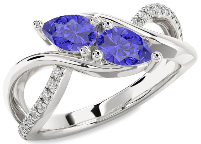 Diamond Tanzanite Silver Pear Two Stone Ring
