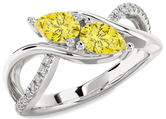 Yellow Diamond Silver Pear Two Stone Ring