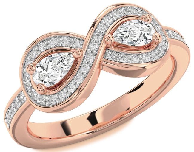 Diamond Rose Gold Silver Infinity Pear Two Stone Ring