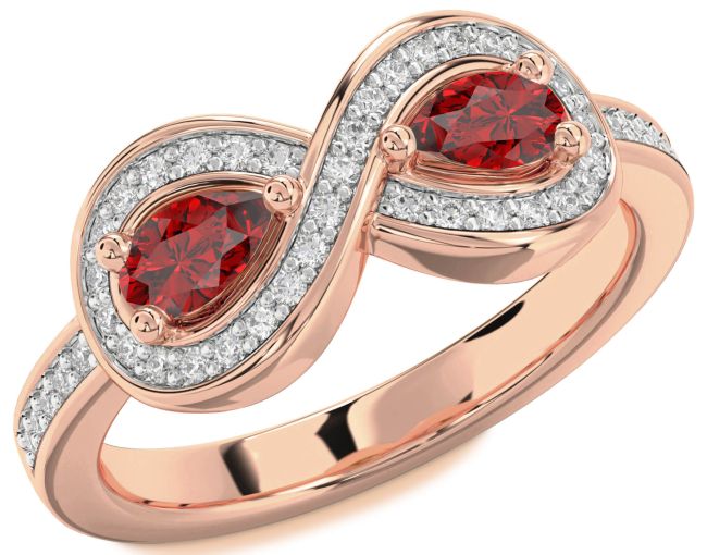 Diamond Ruby Rose Gold Infinity Pear Two Stone Birthstone Ring