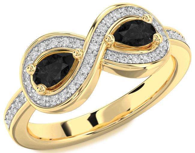 Black Diamond Gold Silver Infinity Pear Two Stone Ring