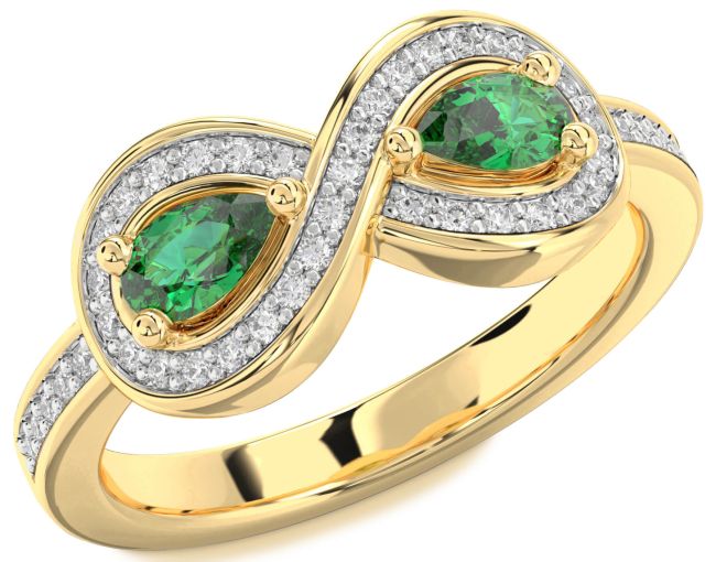 Diamond Emerald Gold Infinity Pear Two Stone Birthstone Ring