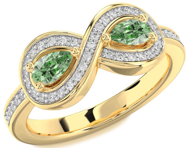 Green Diamond Gold Infinity Pear Two Stone Ring